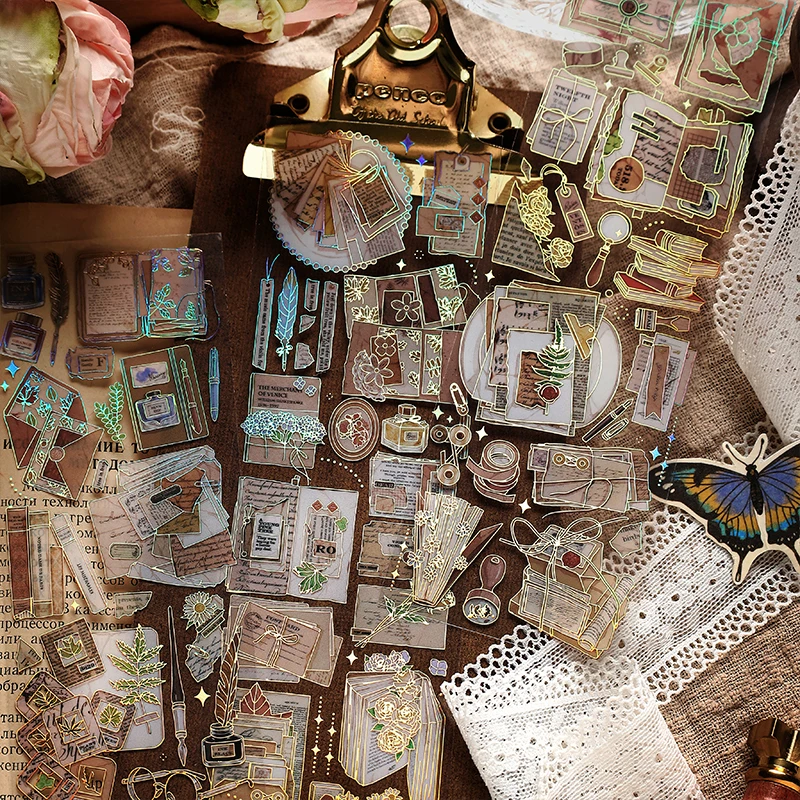 Journamm 금도금 공예 스티커, PET 재료, DIY 컷 콜라주 정크 저널 식물 꽃 장식 스티커 문구, 팩당 3 개