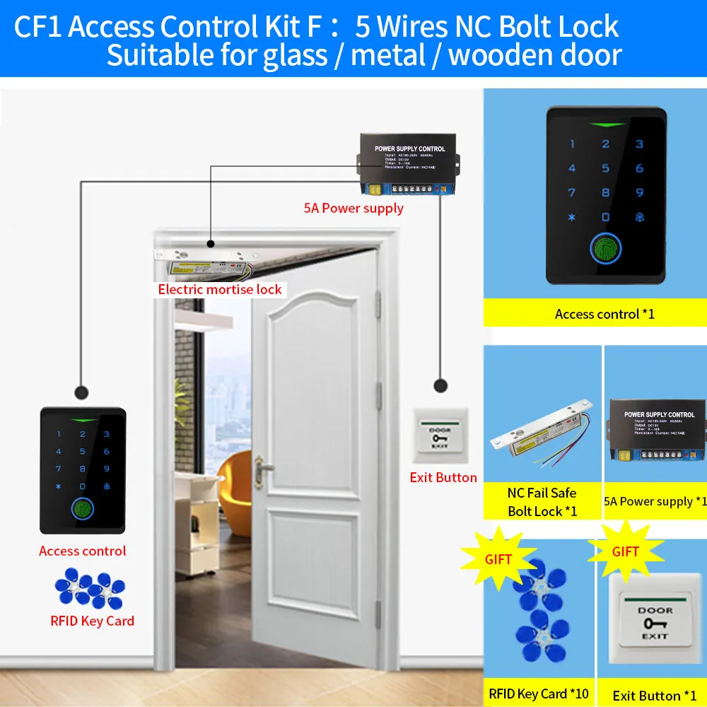 2.4Ghz 와이파이 Tuya 앱 액세스 제어 시스템 키트 RFID 지문 키패드, 전기 도어 마그네틱 잠금 스트라이크 잠금 키트 방수