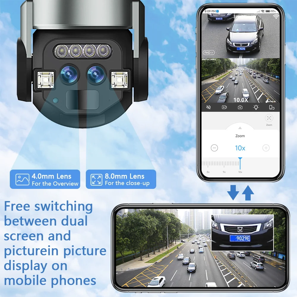 야외 AI 지능형 와이파이 듀얼 렌즈, 고화질 컬러 야간 투시경 모니터링 카메라, IP66 방수, 10x 줌, 6MP