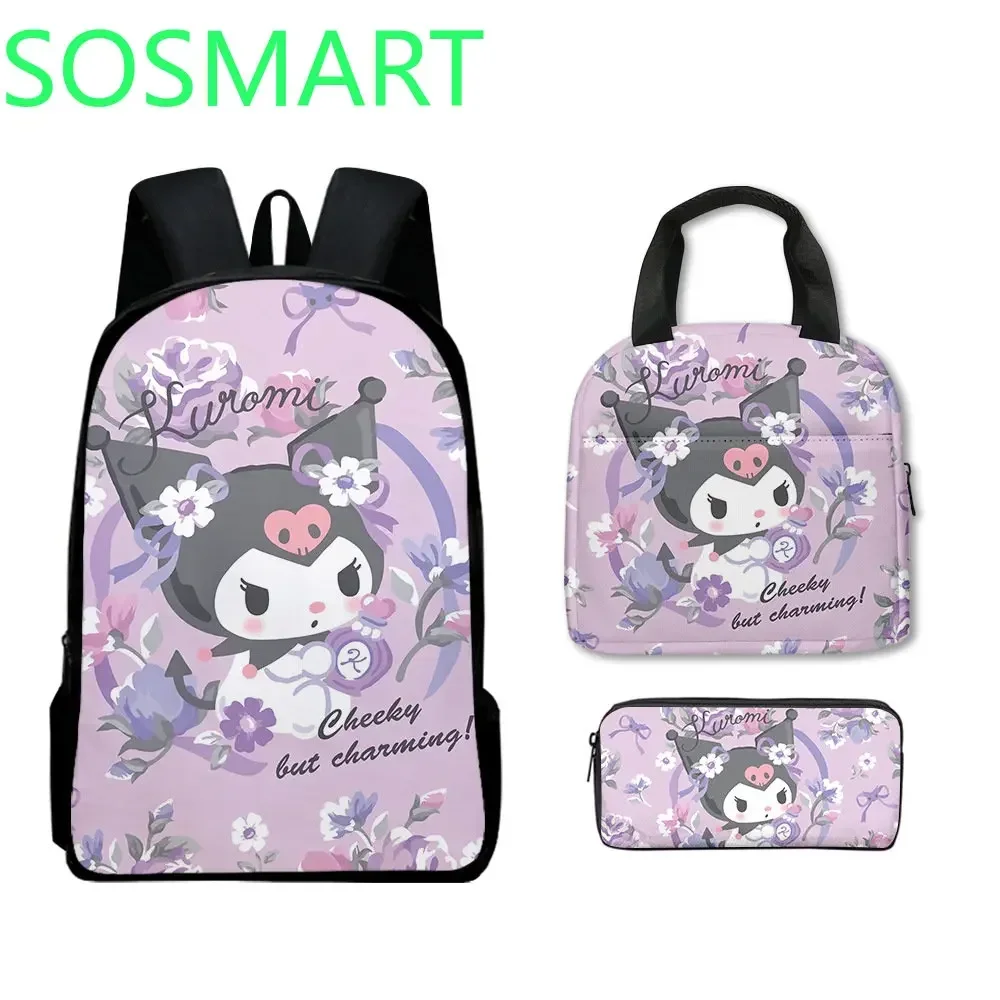 산리오 쿠로미 3D 프린팅 백팩, 초등학생 가방, 어린이 점심 가방, 연필 케이스, 대용량 스포츠 백팩, 3PCs