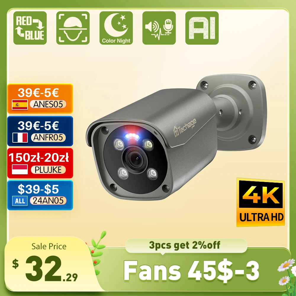 Techage-울트라 HD 4K PoE IP 카메라, 8MP 야외 방수 보안 카메라, 컬러 나이트 비전, 얼굴 감지, CCTV 시스템 title=Techage-울트라 HD 4K PoE IP 카메라, 8MP 야외 방수 보안 카메라, 컬러 나이트 비전, 얼굴 감지, CCTV 시스템 