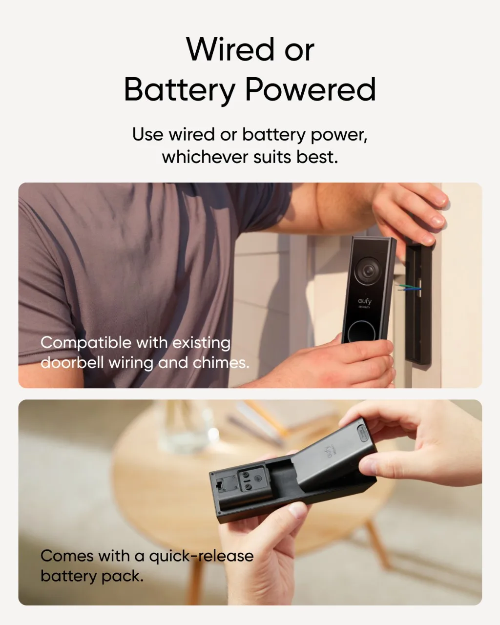 Eufy 듀얼 카메라 보안 비디오 초인종, 배송 가드 포함, 2K 풀 HD 컬러 나이트 비전, 유선 또는 배터리 전원, E340