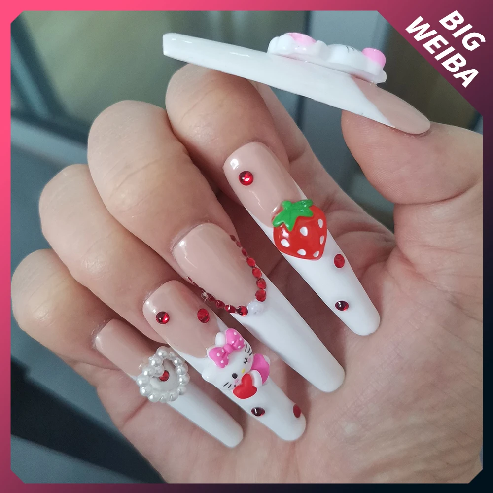 헬로 키티 롱 네일 다이아몬드 롱 코핀 스틸레토 풀 커버 분리형 네일, 유럽 미국 발레리나 패션 수공 네일