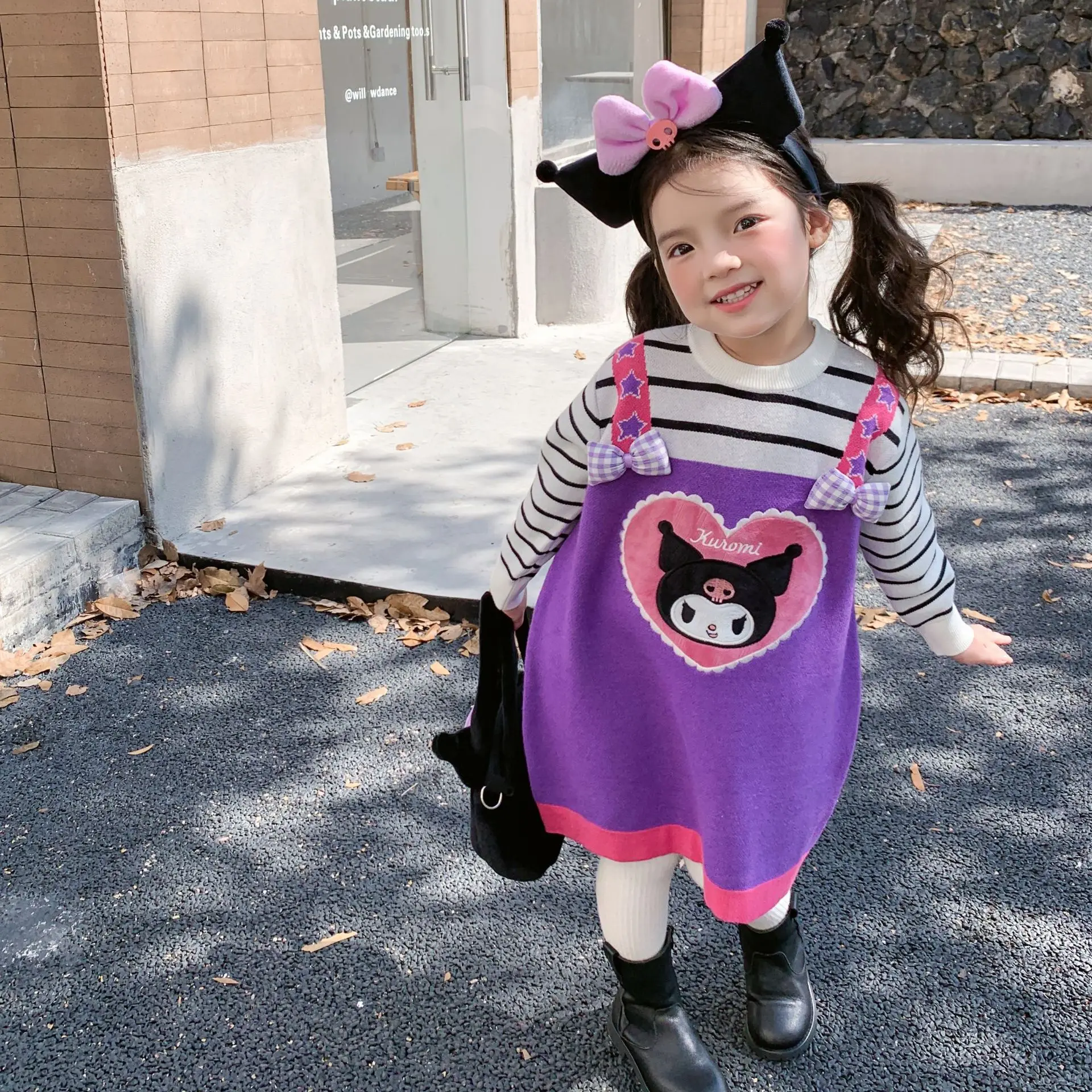 산리오스 시나모롤 마이 멜로디 쿠로미 스위트 스트라이프 플러시 아이 스웨터 드레스, 입체 만화 귀여운 소녀 긴팔 드레스