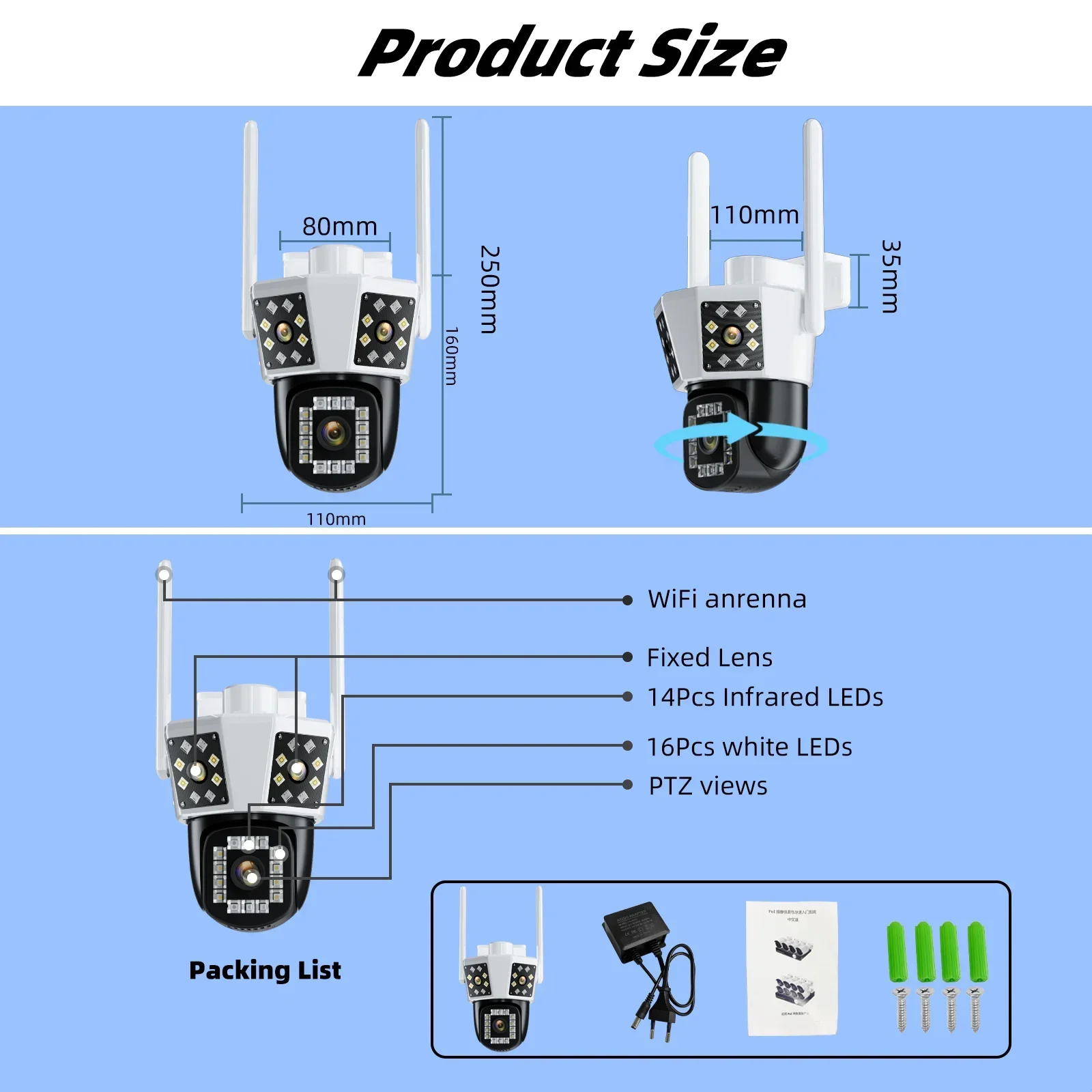 와이파이 야외 감시 보안 카메라, 15MP 카메라, 6K, 8X 광학 줌, 자동 추적 PTZ 3 렌즈, 3 스크린, IP CCTV 방수