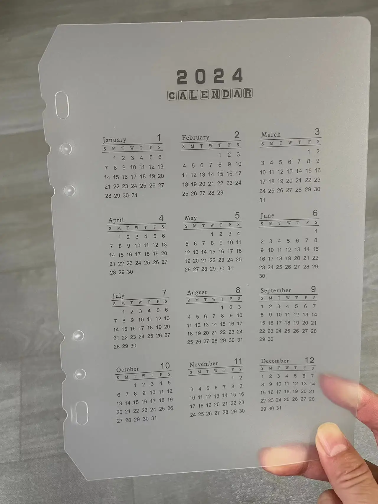 2024 달력 느슨한 잎 달력 파티션 PP 반투명 투명 보호 패드, A5, A6, 6 홀 핸드 계정