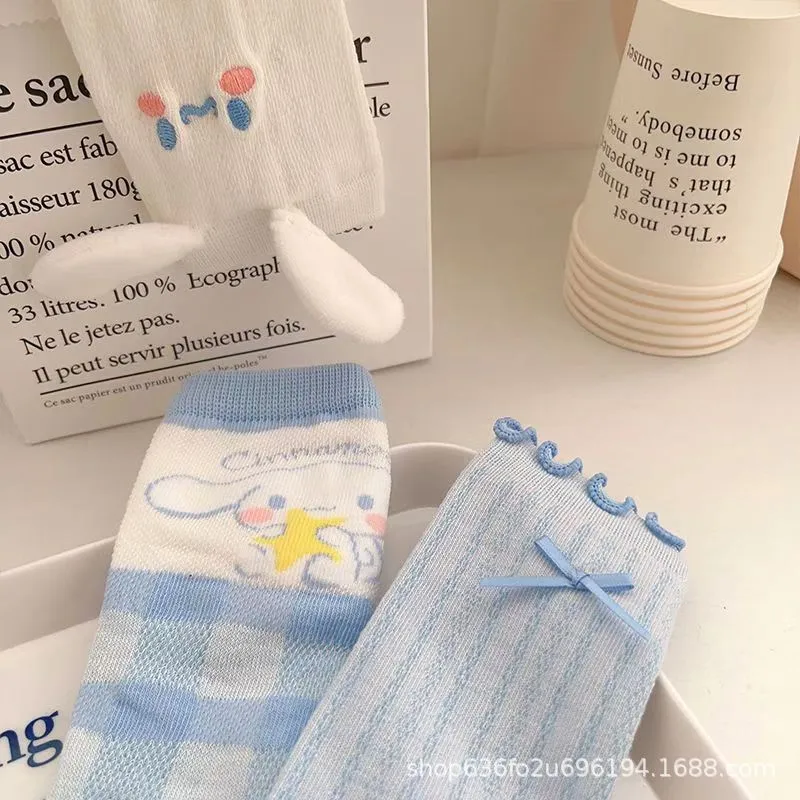 귀여운 애니메이션 산리오 미드 튜브 양말, 시나모롤, 귀여운 학생 가을, 사계절, 편안한 땀 흡수 양말, 소녀 장난감, 3 개