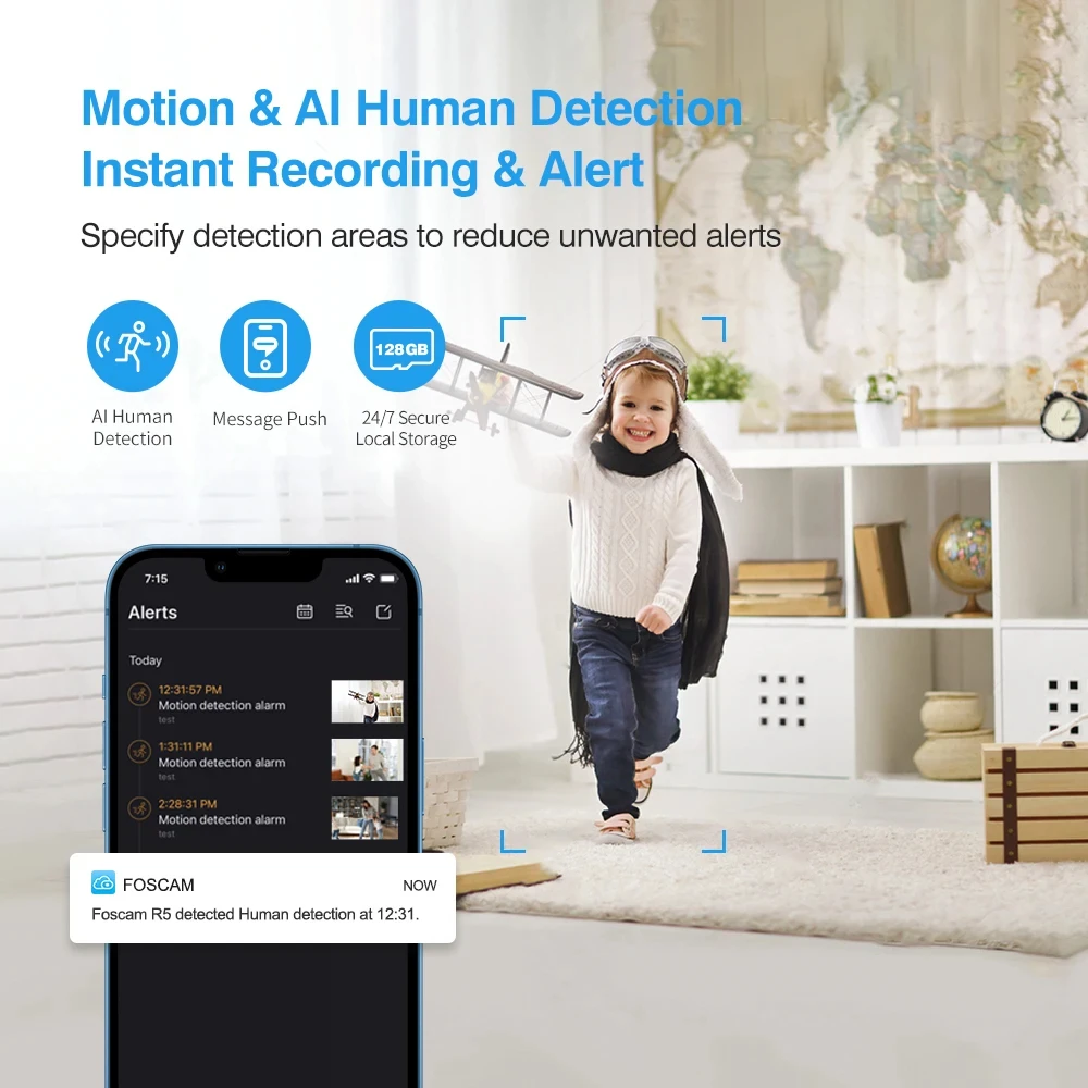 Foscam 슈퍼 HD 와이파이 카메라, AI 인간 추적 아기 모니터, 애완 동물 캠, 가정 보안용 스마트 홈 비디오 녹화 감시, 5MP