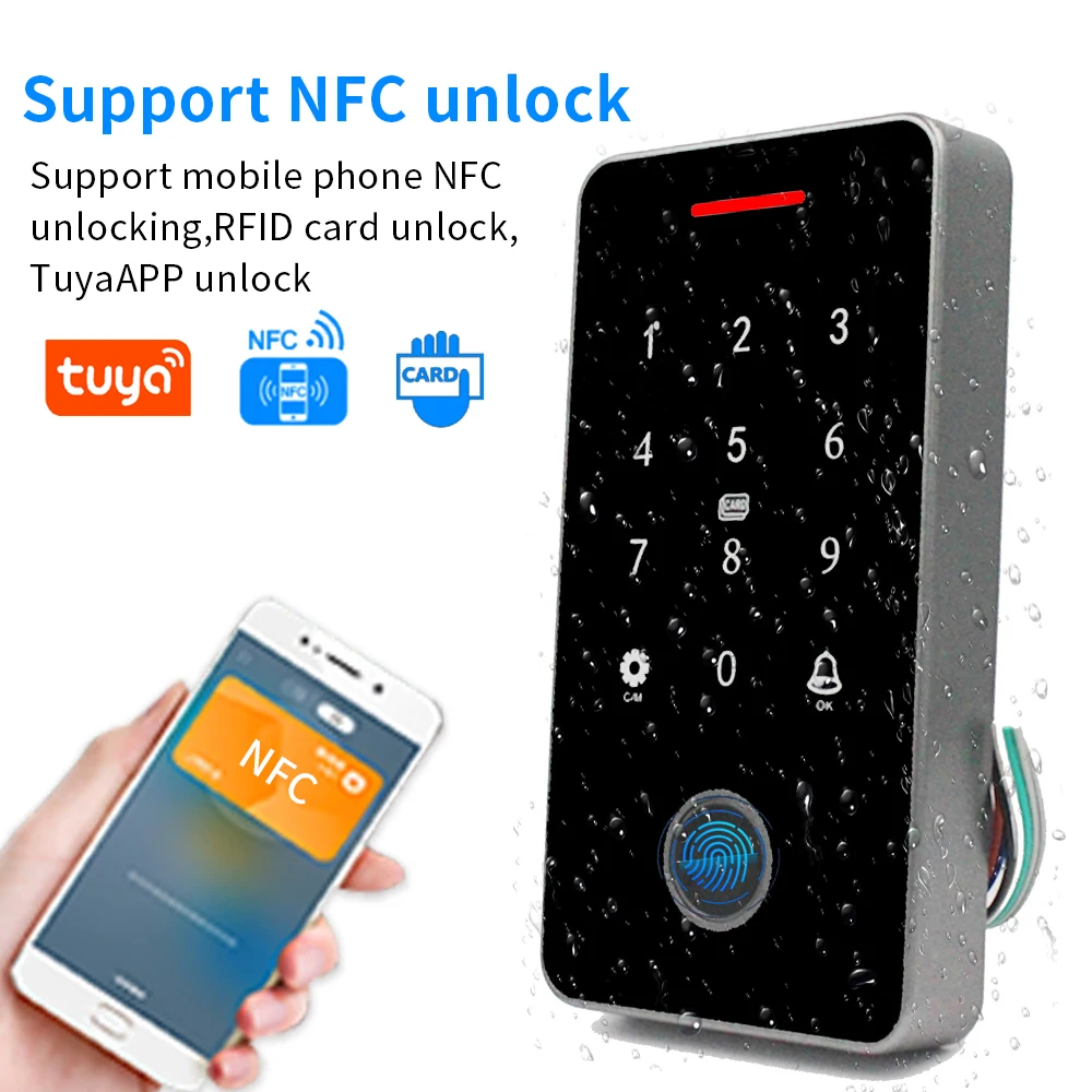 NFC 블루투스 투야 앱 백라이트 터치 13.56Mhz RFID 카드 액세스 제어 키패드, 도어락 오프너, WG 출력, 방수 IP66