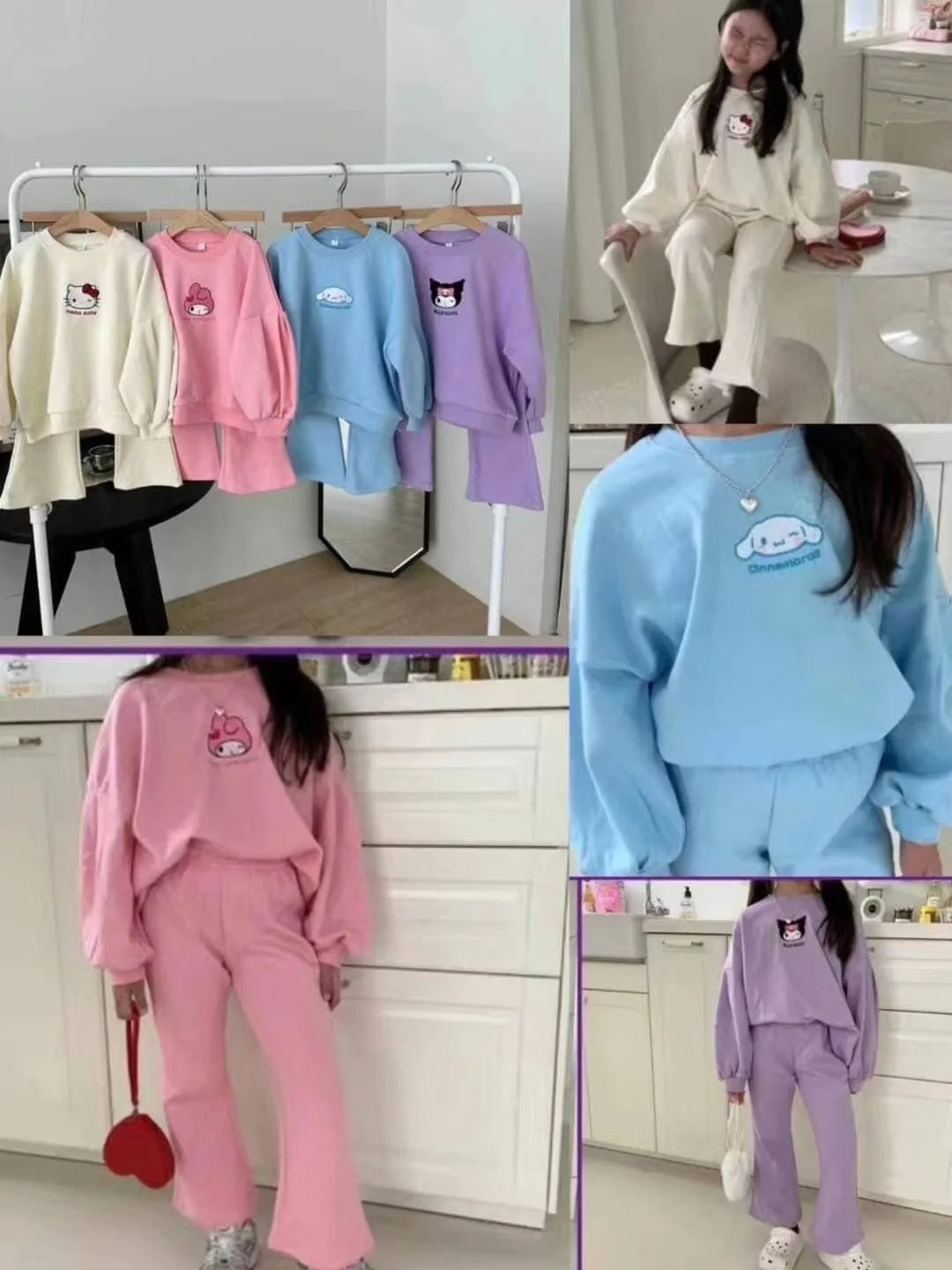 시나모롤 어린이 운동복, 귀여운 애니메이션 산리오 헬로 키티 캐주얼 맨투맨 바지, 귀여운 소녀 만화 의류, 2 개 세트