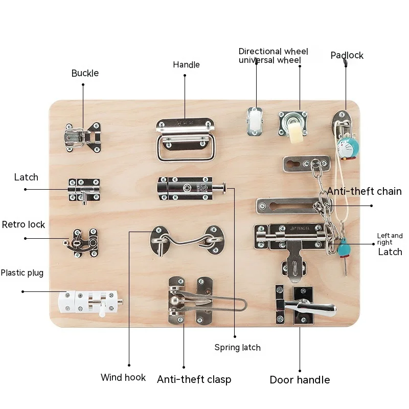 바쁜 보드 DIY 액세서리 잠금 해제 도어 래치 장난감, 부모-자식 수제 대화형 몬테소리 교육 아기 감각 훈련