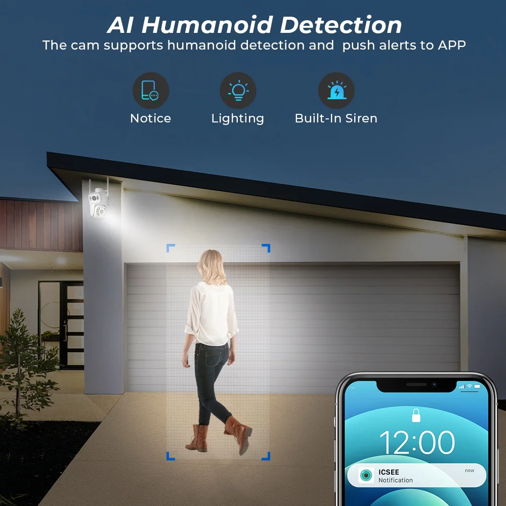 PTZ Wifi 무선 야외 감시 카메라, 듀얼 스크린, 자동 추적 카메라, 인간 감지, 자동 감지, iCSee 앱, 4K, 8MP
