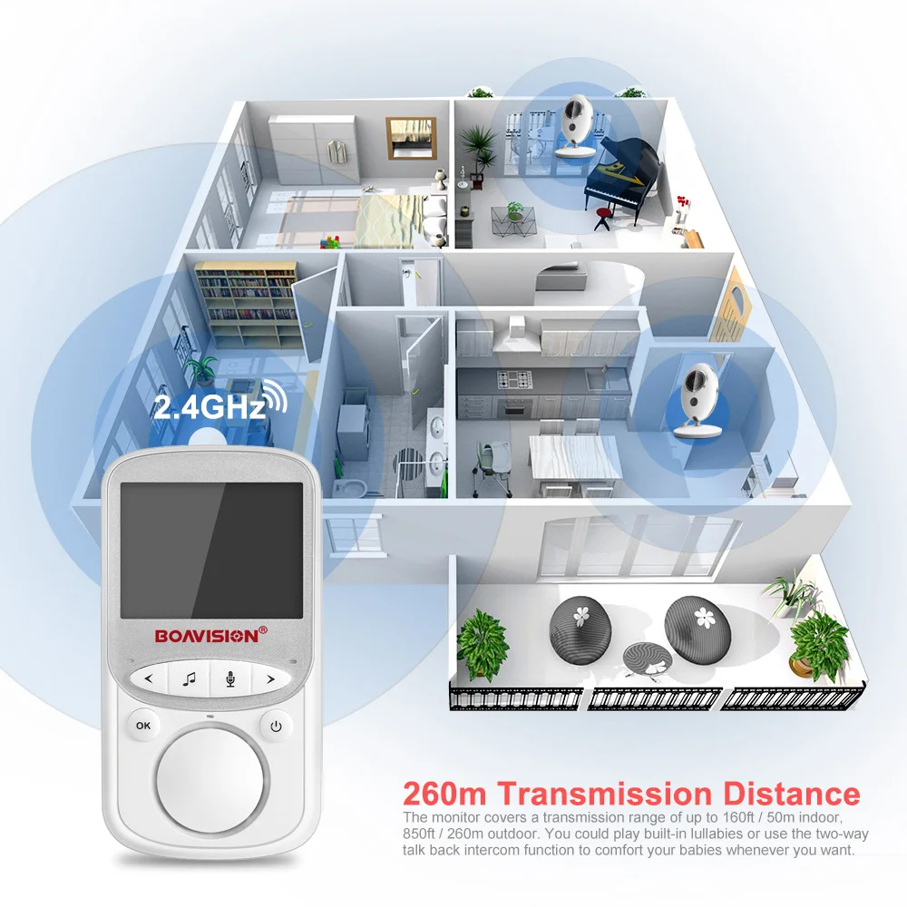 무선 LCD 오디오 비디오 베이비 모니터 VB605 라디오 보모 음악 인터콤 IR 24h 휴대용 베이비 카메라, 베이비 워키 토키 베이비 시터