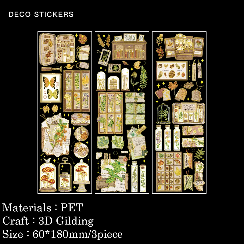 Journamm 금도금 공예 스티커, PET 재료, DIY 컷 콜라주 정크 저널 식물 꽃 장식 스티커 문구, 팩당 3 개