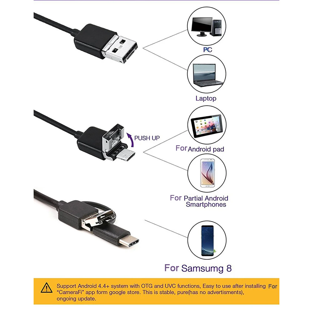 실용 안드로이드 내시경 검사 카메라, 스마트폰 컴퓨터용 방수 IP67, 3 in 1, USB, 마이크로 USB, C타입, 7mm