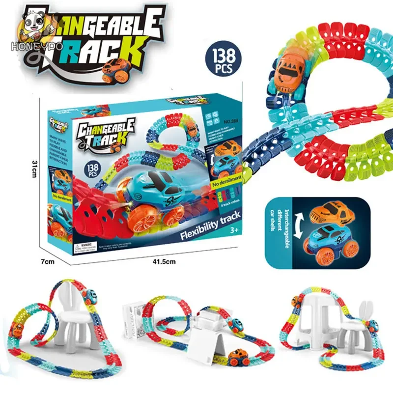 충전식 어린이 트랙 자동차, LED 조명과 유연한 트랙, 레이스 카 세트, 중력 방지 조립 트랙 자동차, 아이를 위한 선물