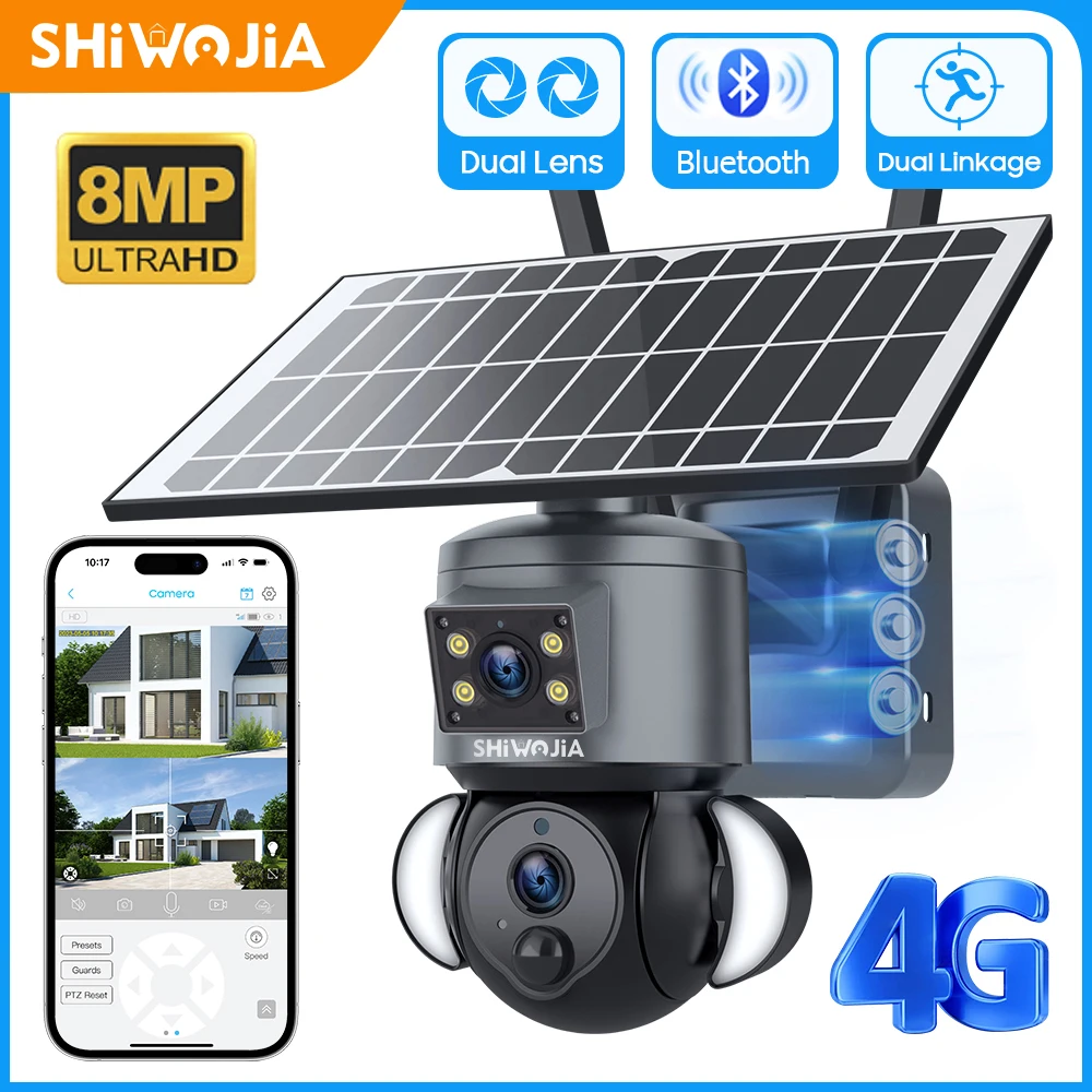 SHIWOJIA 야외 보안 듀얼 렌즈 녹화 태양광 카메라, 야간 투시경 PTZ 캠, 4K 8MP, 4G SIM /WIFI, 휴머노이드 추적 컬러 title=SHIWOJIA 야외 보안 듀얼 렌즈 녹화 태양광 카메라, 야간 투시경 PTZ 캠, 4K 8MP, 4G SIM /WIFI, 휴머노이드 추적 컬러 