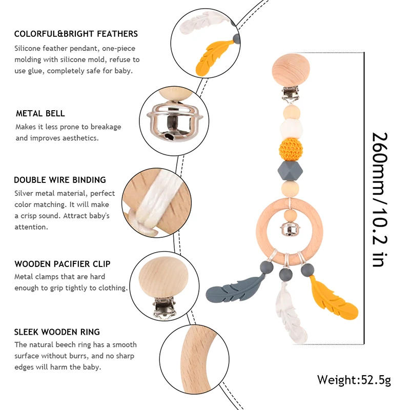 나무 음악 딸랑이 동물 별 모바일 홀더, 젖니 펜던트, 나무 체육관 설치류 실리콘 구슬 목걸이 클립, 유모차용 딸랑이