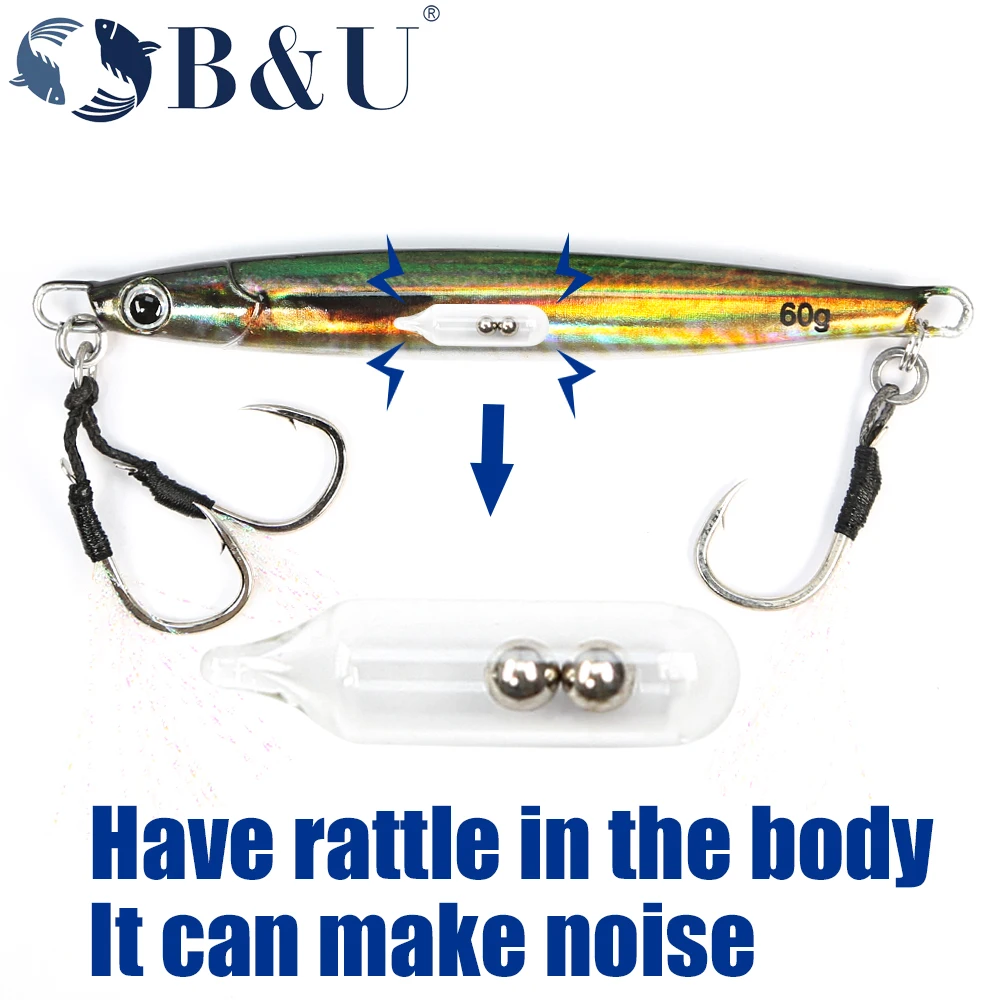 B & U 3D 프린트 금속 캐스트 지그 스푼 딸랑이, UV 해안 캐스팅 지깅 물고기, 농어 바닷물 낚시 루어, 인공 미끼 태클
