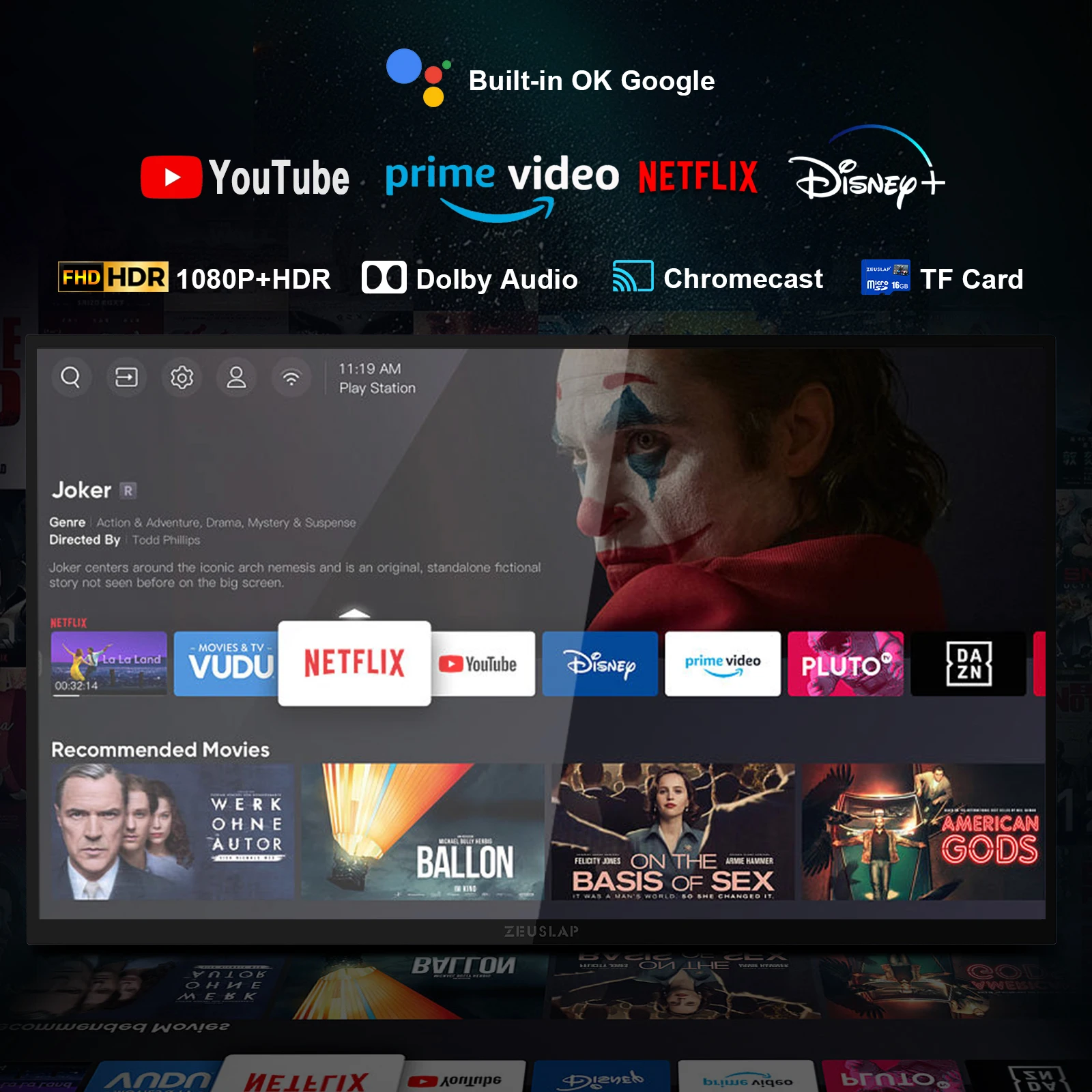 ZEUSLAP 스마트 휴대용 모니터, 미니 PC 노트북 휴대폰 Xbox PS4 PS5 스위치용, 구글 TV 터치 스크린 디스플레이, Z18TV PRO, 18.5 인치