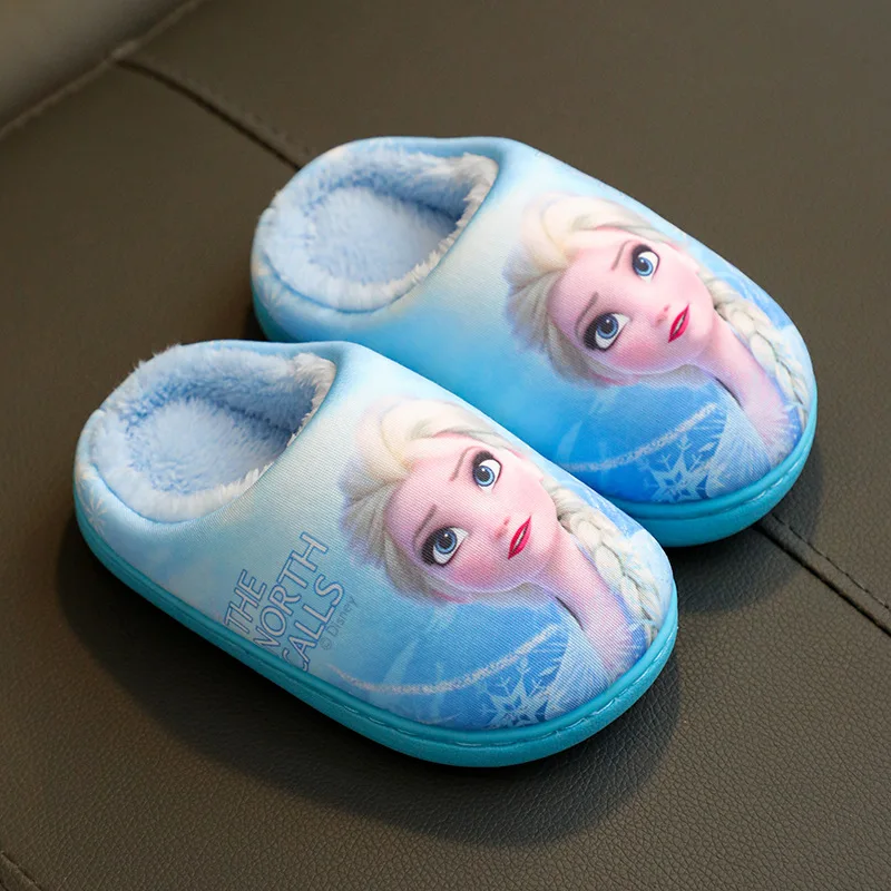 디즈니 겨울용 겨울왕국 어린이 코튼 슬리퍼, 엘사 공주 따뜻한 어린이 슬리퍼, 아기 소녀 플랫 신발, 크기 24-35, 신제품