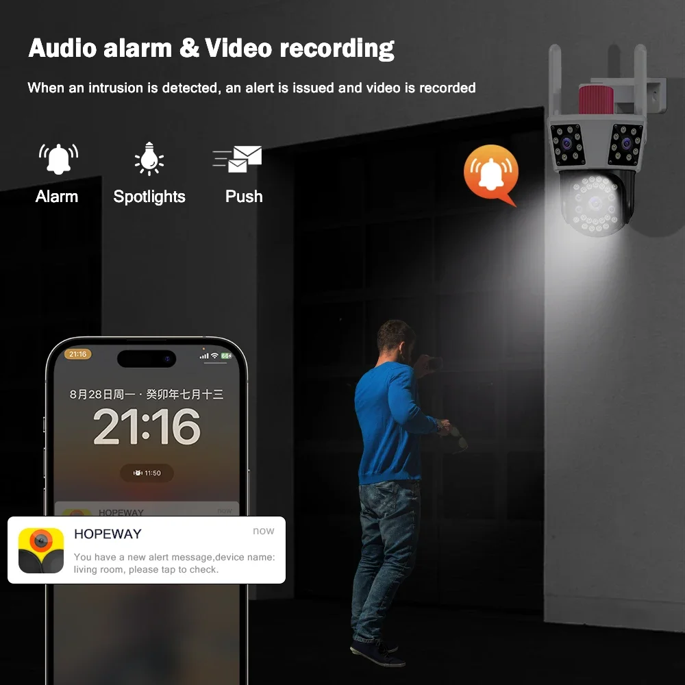 CANSITUM 3 화면 와이파이 IP HD 야외 카메라 PTZ, 8 배 줌, 3 렌즈, 3 화면 CCTV 비디오 카메라, 보안 보호