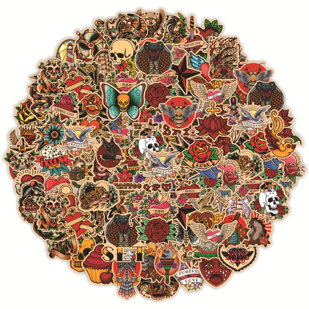 레트로 올드 스쿨 타투 스타일 만화 스티커, DIY 스노우보드 노트북 수하물, 만화 그래피티 데칼 스티커, 10 개, 30 개, 50 개, 100 개