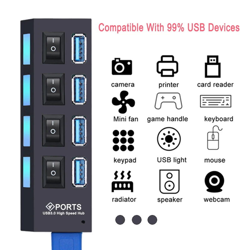 USB 허브 3.0 허브 USB 2.0 멀티 USB 분배기 전원 어댑터, 4/7 포트 다중 확장기 2.0, PC 액세서리용 스위치 포함, USB 3