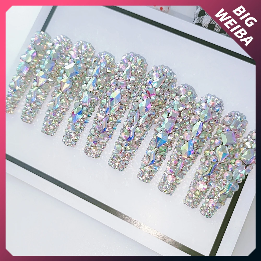 헬로 키티 롱 네일 다이아몬드 롱 코핀 스틸레토 풀 커버 분리형 네일, 유럽 미국 발레리나 패션 수공 네일