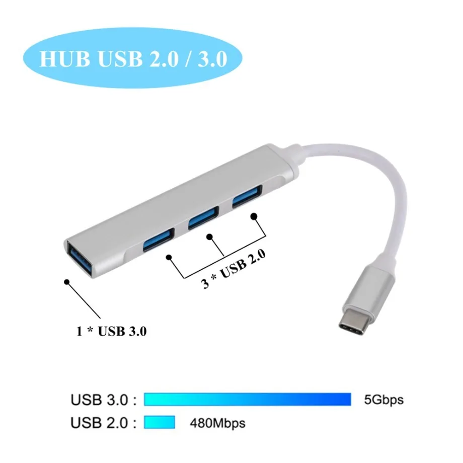 USB C 허브 3.0 C타입 4 포트 멀티 USB 분배기 어댑터 OTG, 화웨이 샤오미 맥북 프로 13 15 에어 프로 PC 컴퓨터 액세서리