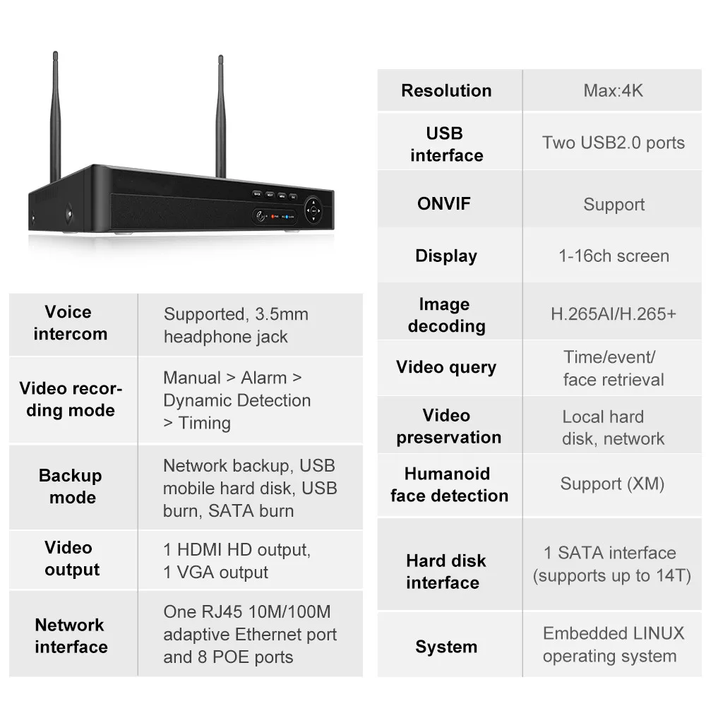 TinoSec 와이파이 네트워크 비디오 레코더, Onvif 용 NVR 무선 감시 네트워크 하드 디스크 레코더, H.265 8CH 보안 카메라