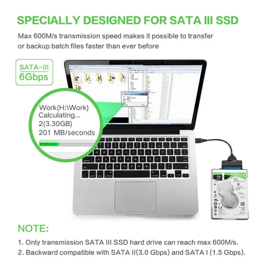 SATA to USB 3.0 2.0 케이블, 최대 6 Gbps, 2.5 인치 외장 HDD SSD 하드 드라이브 SATA 3 22 핀 어댑터, USB 3.0 to Sata III 코드