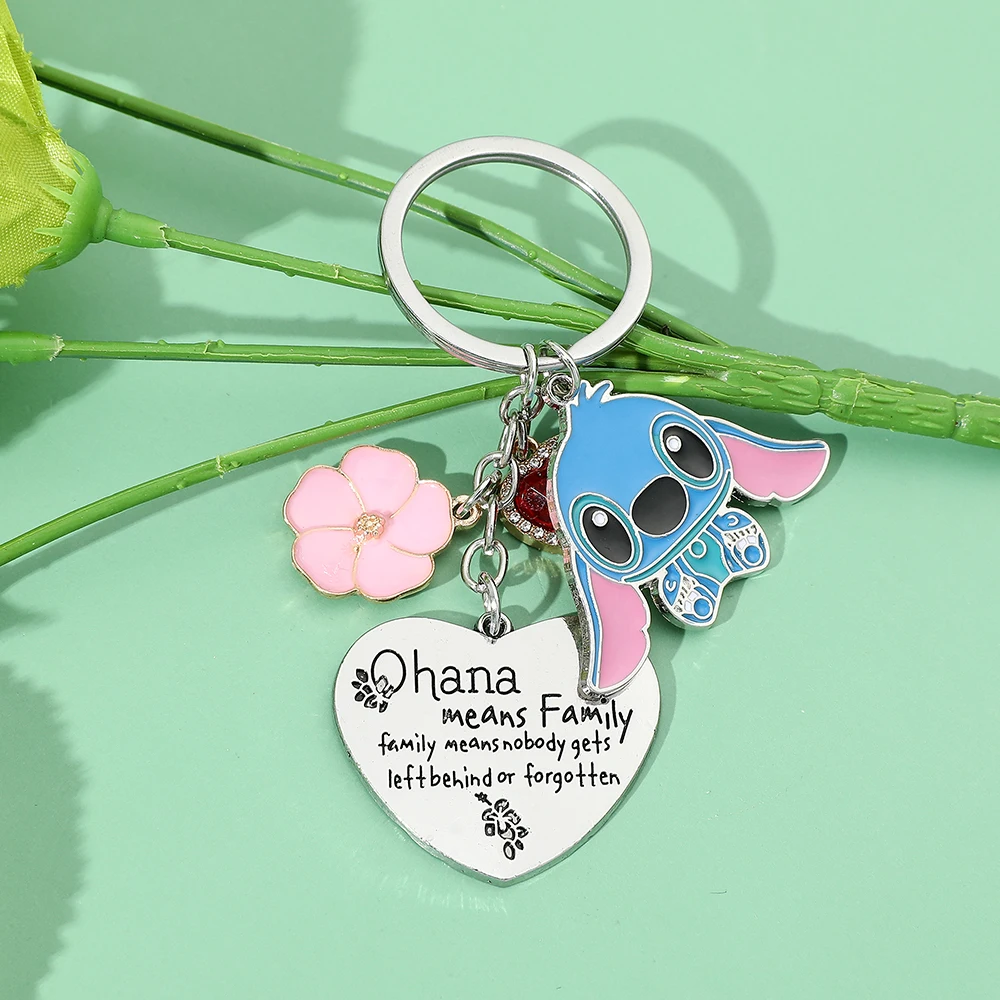 Ohana 여성용 스티치 키 체인, 남성용 가족 키 체인, 스테인레스 스틸 키 링, 꽃 하트 펜던트, 소녀 선물 쥬얼리
