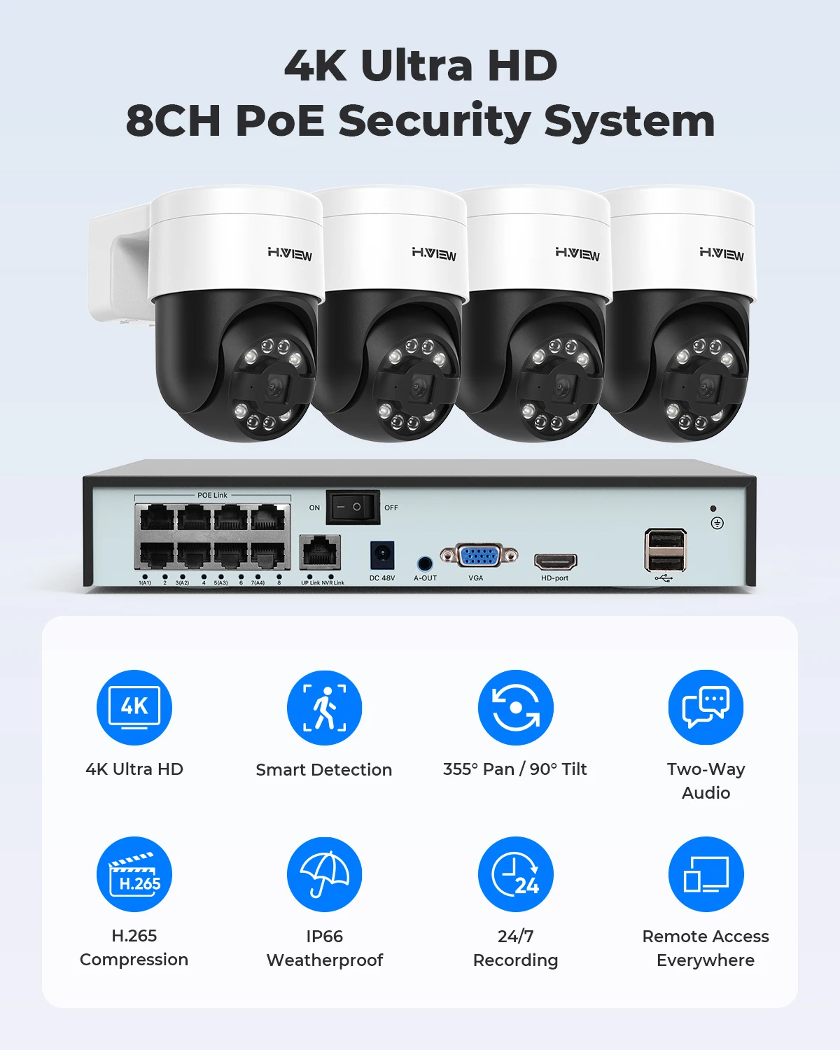 H.view 8Ch 4K 5MP 8MP CCTV 보안 카메라 시스템, Ptz 홈 비디오 감시 키트, 야외 Ip 카메라 휴머노이드 감지