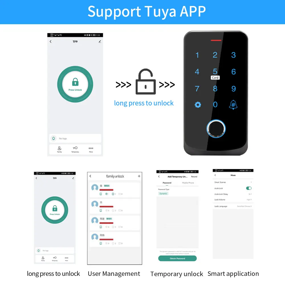 NFC 블루투스 Tuya 앱 RFID IC M1 액세스 제어 키패드, IP65 방수 생체 인식 지문 터치 스크린 액세스 컨트롤러