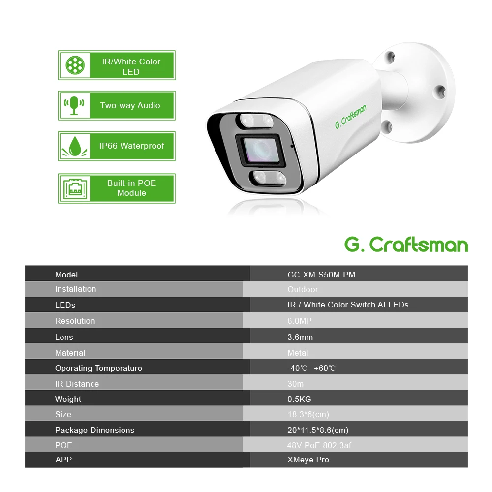 XXMEye 6MP SONY 보안 POE IP 카메라 인체 감지 H.265 옥외 비디오 감시 AI 카메라 ONVIF 시스템 GCraftsman