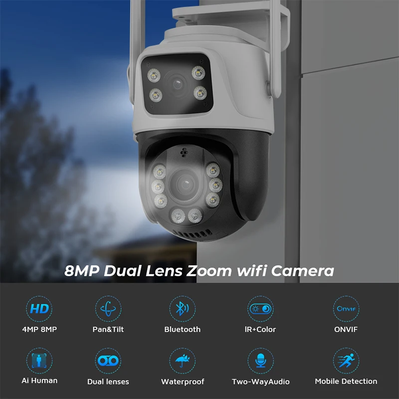 야외 야간 투시경 듀얼 스크린 사람 감지 보안 보호 CCTV 감시 IP 카메라, 8MP, PTZ 와이파이 카메라, 4MP