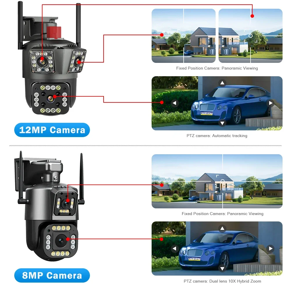 Legendsafe 야외용 와이파이 IP 카메라, 12MP HD, 6K, 자동 추적, PTZ, 3 렌즈, 3 화면, 방수, 와이파이, 보안 비디오 카메라