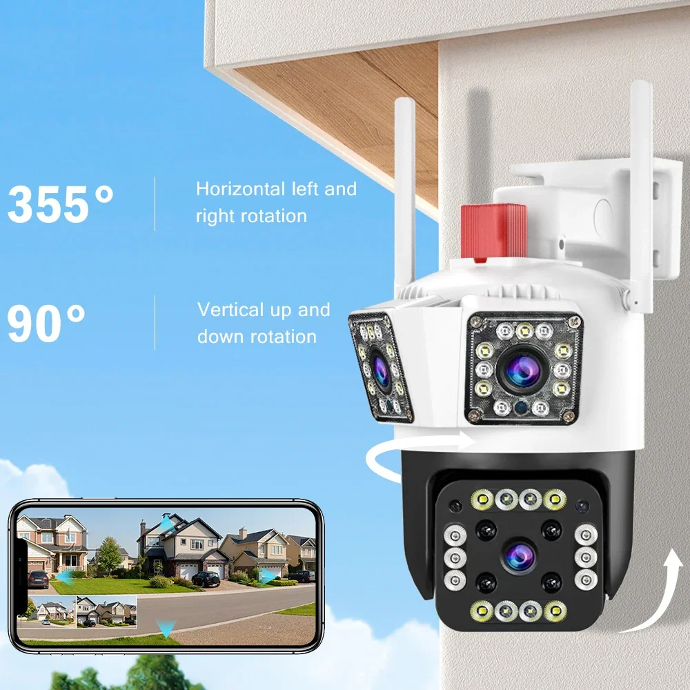 Cansitum 6K WIFI IP 실외 12MP 카메라 모션 트래킹 PTZ 4K 카메라 트리플 렌즈 트리플 스크린 방수 보안 시스템