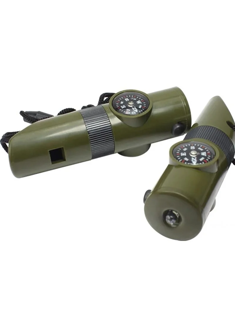 비상 생존 휘슬 나침반 다기능 도구 돋보기 손전등 보관 용기 온도계, 캠핑 하이킹용, 7 인 1