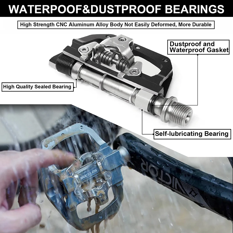 BUCKLOS MTB 자전거 클릿 페달, 플랫 듀얼 기능 페달, 산악 자전거 페달 핏, SPD 시스템 베어링, 자전거 플랫폼 페달