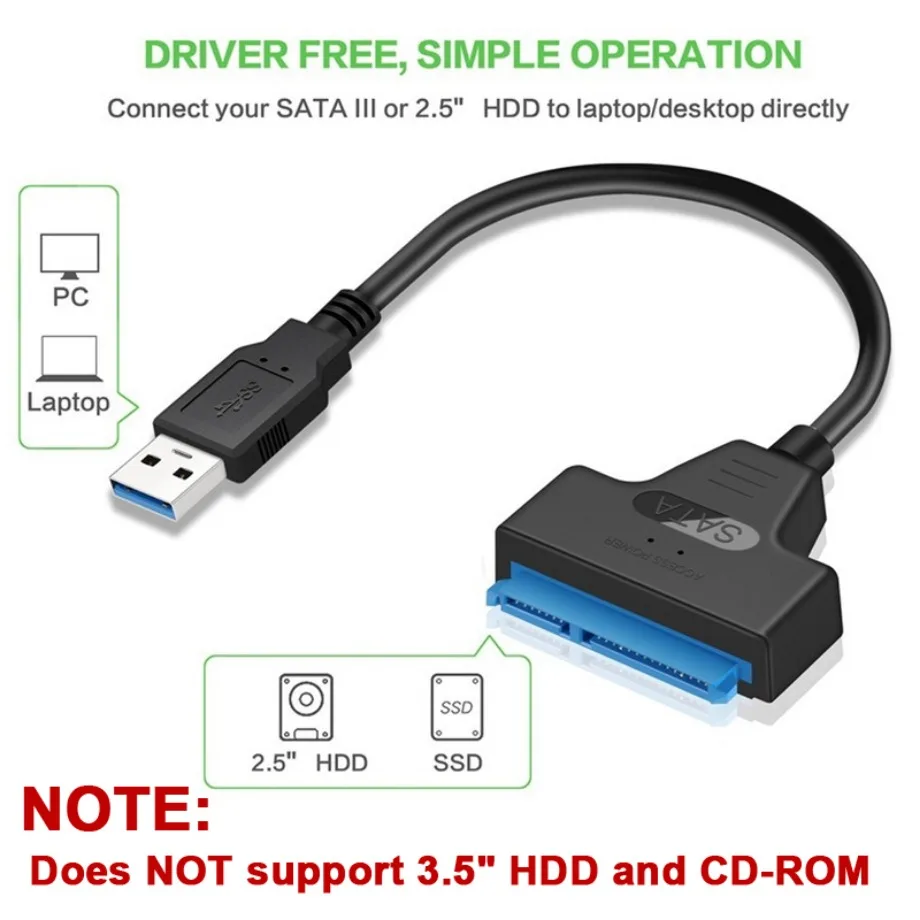 SATA to USB 3.0 2.0 케이블, 최대 6 Gbps, 2.5 인치 외장 HDD SSD 하드 드라이브 SATA 3 22 핀 어댑터, USB 3.0 to Sata III 코드