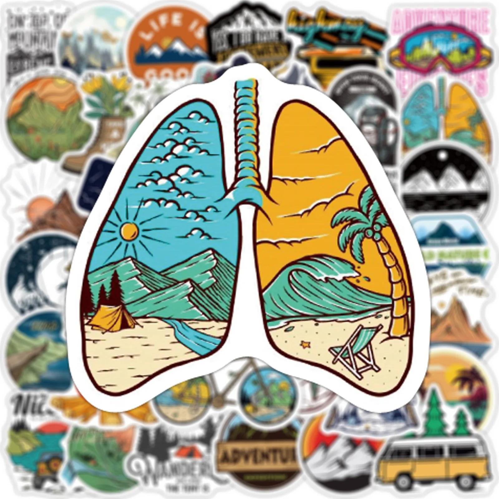 산림 하이킹 캠핑 스티커, 야외 여행 아름다운 풍경 데칼 스티커, DIY 물병 휴대폰 노트북, 50 개