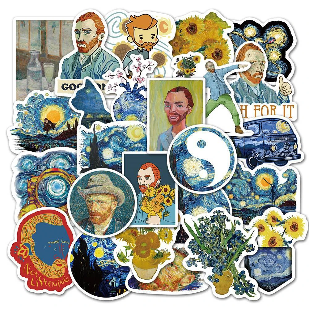 만화 클래식 아트 유화 반 고흐 만남 그래피티 스티커, 자전거 스케이트보드 자동차 헬멧, 노트북 컴퓨터 도매, 10 개, 30 개, 50 개