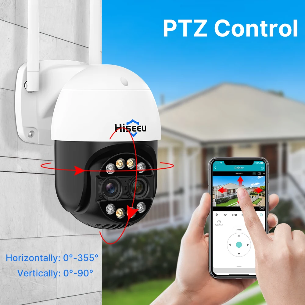 Hiseeu PTZ Wifi 나이트비전 IP 카메라, 실외용 감시 비디오 카베라, 인체 감지, 3.6+12mm 듀얼 렌즈, 4K, 8MP, 8배 줌