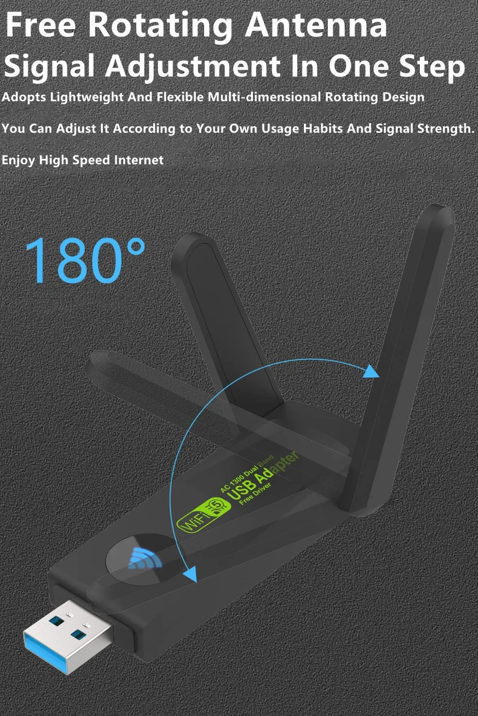 듀얼 밴드 USB 와이파이 어댑터, 안테나 포함 무선 네트워크 카드, 동글 네트워크 카드, 1300Mbps, 2.4GHz + 5GHz