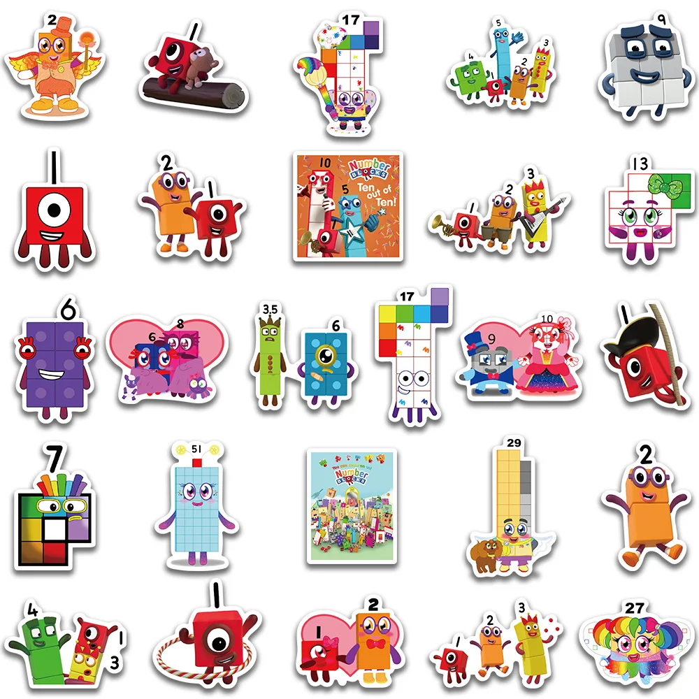 10/50pcs 귀여운 만화 애니메이션 Numberblocks 스티커 노트북화물 컵 방수 낙서 자전거 자동차 데칼 어린이 장난감