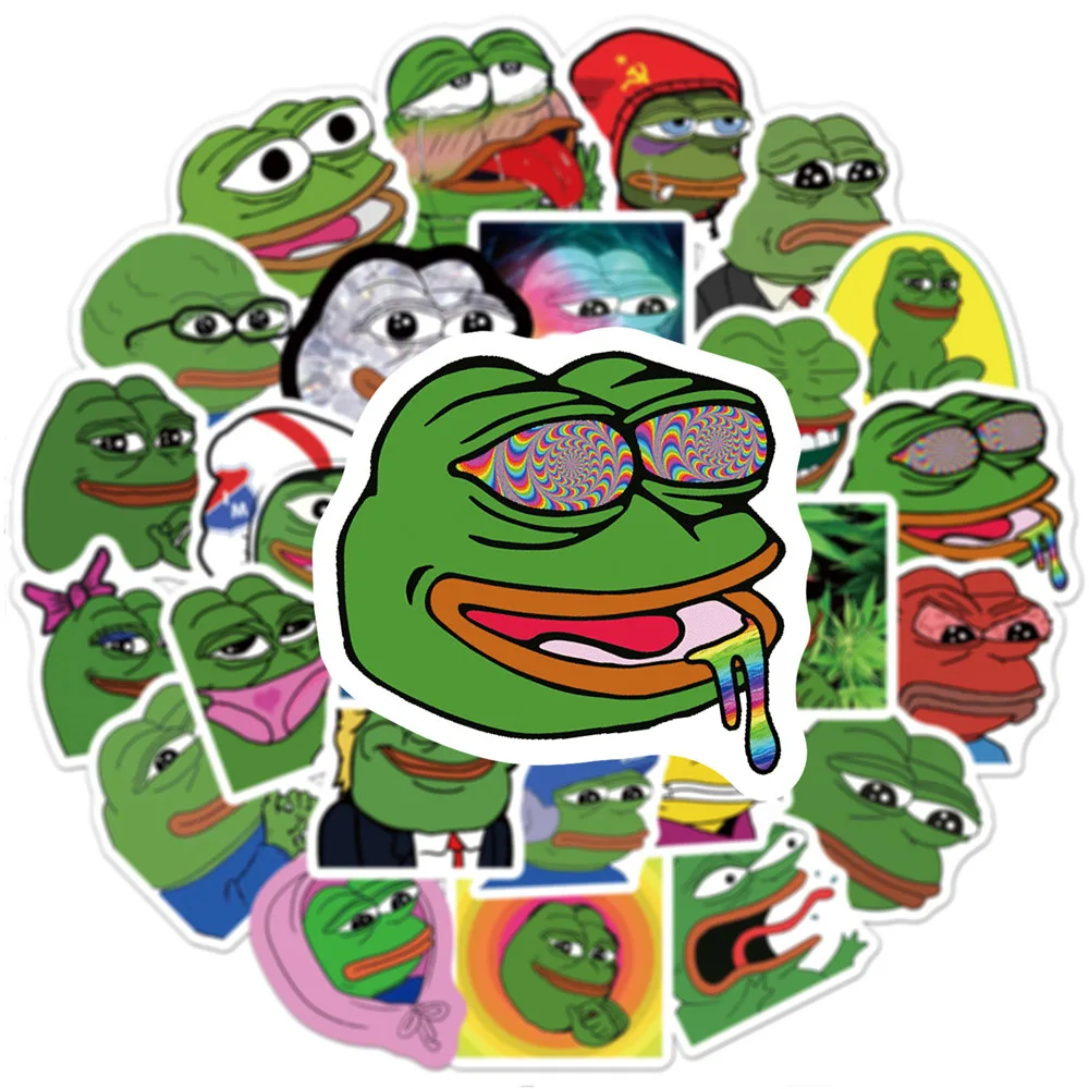 스케이트 보드 헬멧용 재미있는 개구리 PEPE 그래피티 밈 스티커, 선물 상자, 자전거 컴퓨터 노트북 자동차, 어린이 장난감, 10 30 50 개