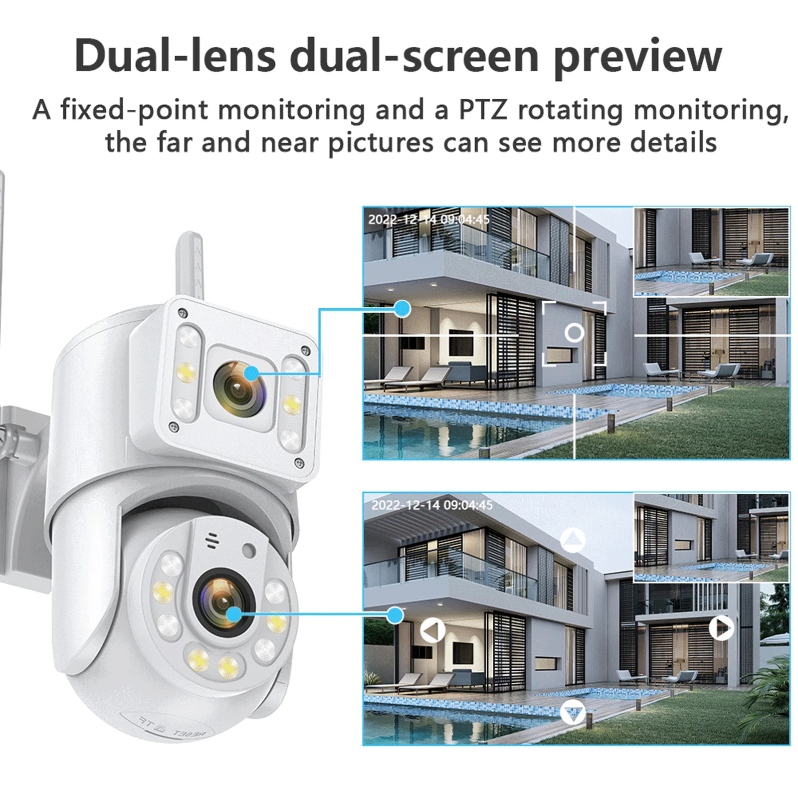 듀얼 렌즈 PTZ Wifi IP 캠 풀 컬러 나이트 비전 보안 감시 카메라, 4 개 스크린, 사람 감지 오디오 추적, 8MP