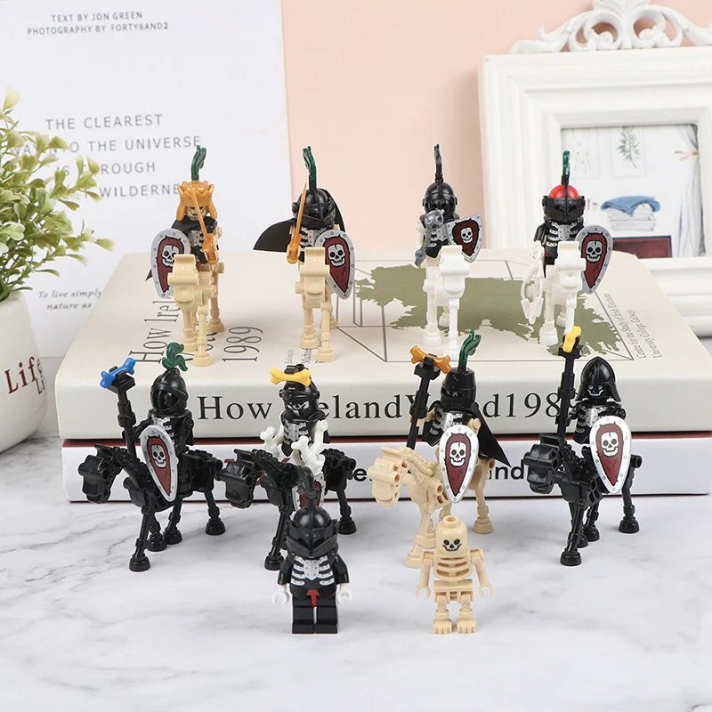 중세 성 기사 피규어, 십자군 로마 군인, 스파르타쿠스 전사, 글라디투스 해골, 말 방패 빌딩 블록 장난감